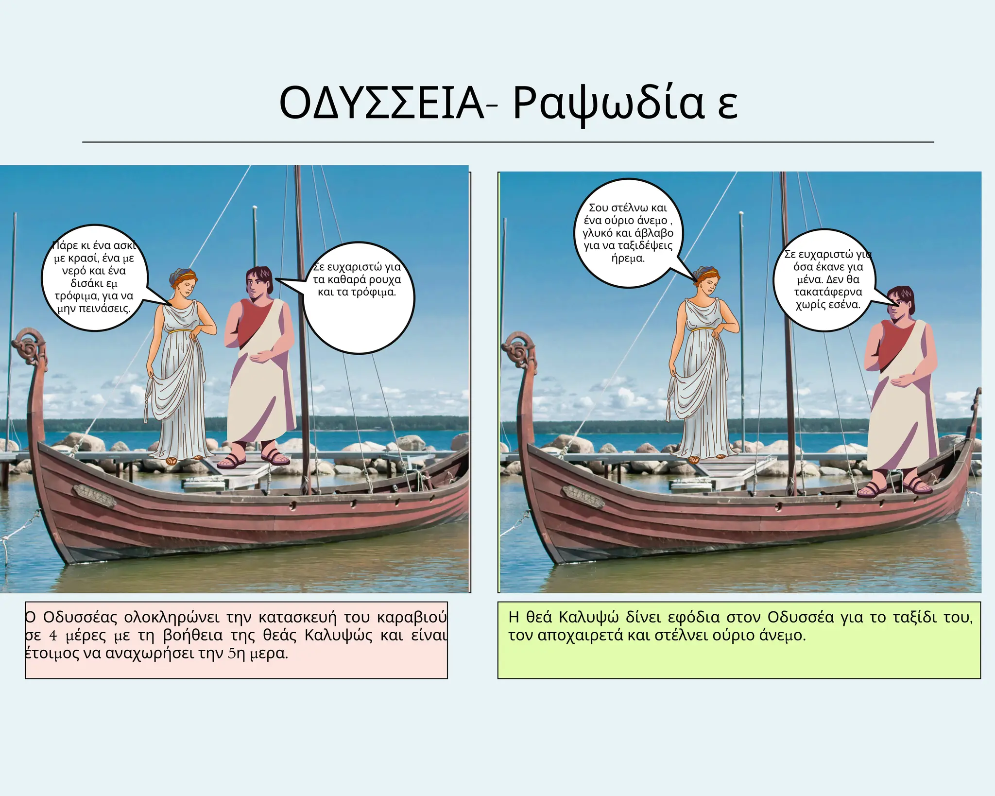ΟΔΥΣΣΕΙΑ- Ραψωδία ε
Ο Οδυσσέας ολοκληρώνει την κατασκευή του καραβιού
σε 4 μέρες με τη βοήθεια της θεάς Καλυψώς και είναι
έτοιμος να αναχωρήσει την 5η μερα.
Η θεά Καλυψώ δίνει εφόδια στον Οδυσσέα για το ταξίδι του,
τον αποχαιρετά και στέλνει ούριο άνεμο.
Πάρε κι ένα ασκί
με κρασί, ένα με
νερό και ένα
δισάκι εμ
τρόφιμα, για να
μην πεινάσεις.
Σε ευχαριστώ για
τα καθαρά ρουχα
και τα τρόφιμα.
Σου στέλνω και
ένα ούριο άνεμο ,
γλυκό και άβλαβο
για να ταξιδέψεις
ήρεμα. Σε ευχαριστώ για
όσα έκανε για
μένα. Δεν θα
τακατάφερνα
χωρίς εσένα.
 