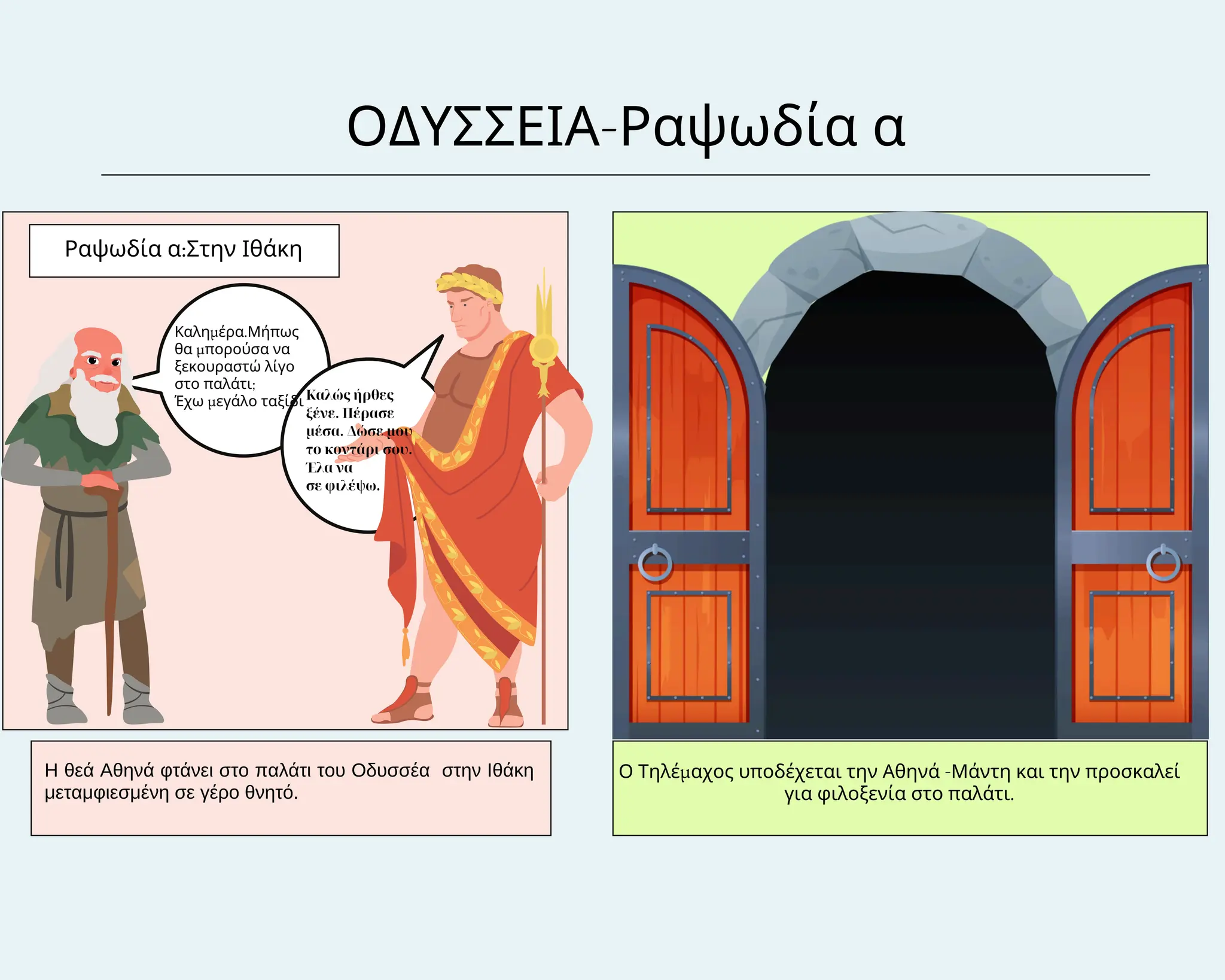 ΟΔΥΣΣΕΙΑ-Ραψωδία α
Ραψωδία α:Στην Ιθάκη
Η θεά Αθηνά φτάνει στο παλάτι του Οδυσσέα στην Ιθάκη
μεταμφιεσμένη σε γέρο θνητό.
Ο Τηλέμαχος υποδέχεται την Αθηνά -Μάντη και την προσκαλεί
για φιλοξενία στο παλάτι.
Καλώς ήρθες
ξένε. Πέρασε
μέσα. Δώσε μου
το κοντάρι σου.
Έλα να
σε φιλέψω.
Καλημέρα.Μήπως
θα μπορούσα να
ξεκουραστώ λίγο
στο παλάτι;
Έχω μεγάλο ταξίδι
 