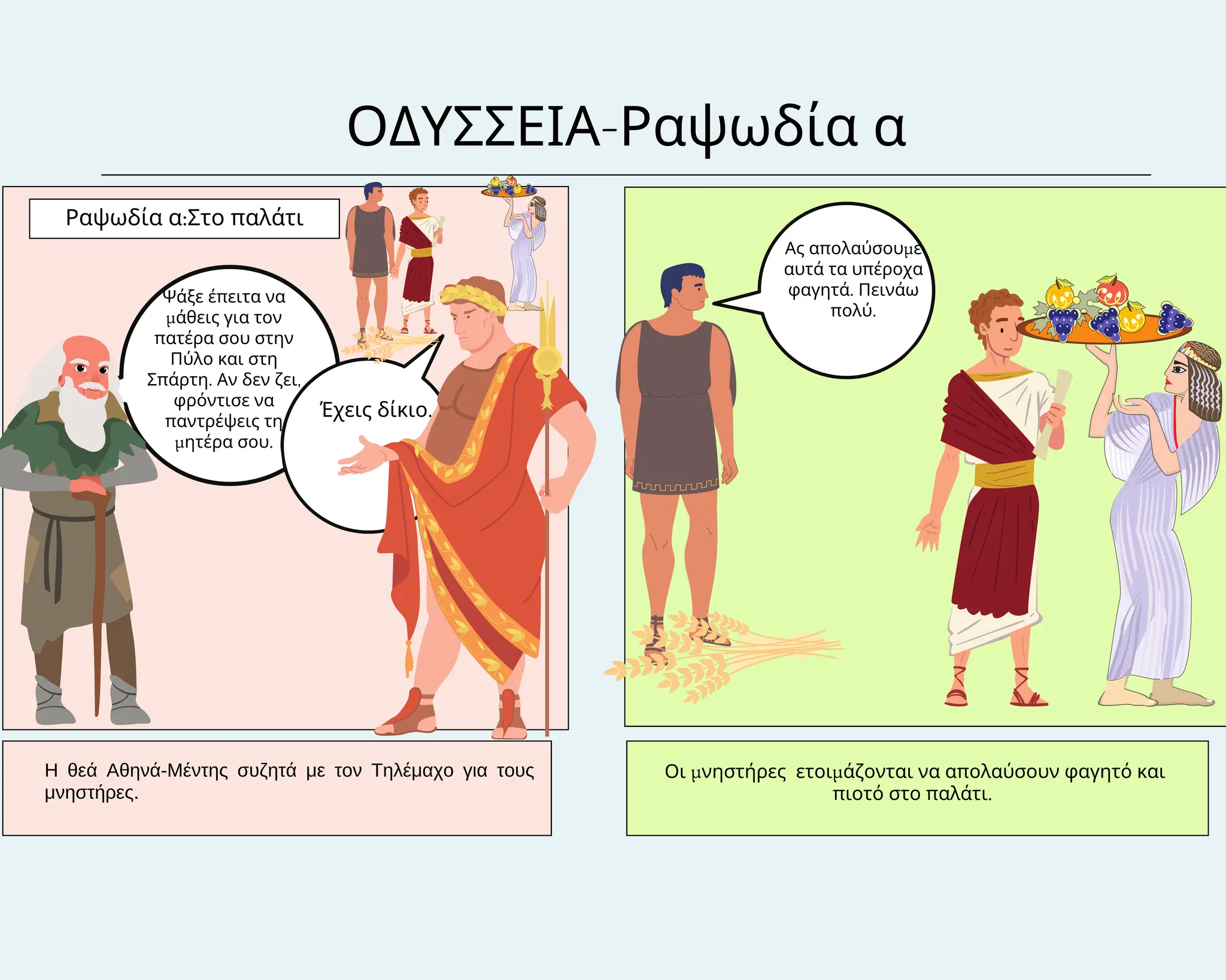 ΟΔΥΣΣΕΙΑ-Ραψωδία α
Ραψωδία α:Στο παλάτι
Η θεά Αθηνά-Μέντης συζητά με τον Τηλέμαχο για τους
μνηστήρες.
Οι μνηστήρες ετοιμάζονται να απολαύσουν φαγητό και
πιοτό στο παλάτι.
Ψάξε έπειτα να
μάθεις για τον
πατέρα σου στην
Πύλο και στη
Σπάρτη. Αν δεν ζει,
φρόντισε να
παντρέψεις τη
μητέρα σου.
Έχεις δίκιο.
Ας απολαύσουμε
αυτά τα υπέροχα
φαγητά. Πεινάω
πολύ.
 