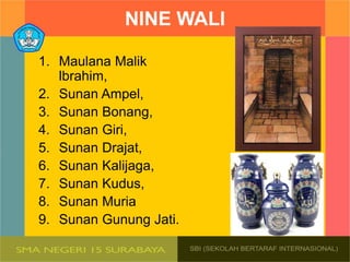 NINE WALI
1. Maulana Malik
lbrahim,
2. Sunan Ampel,
3. Sunan Bonang,
4. Sunan Giri,
5. Sunan Drajat,
6. Sunan Kalijaga,
7. Sunan Kudus,
8. Sunan Muria
9. Sunan Gunung Jati.
 