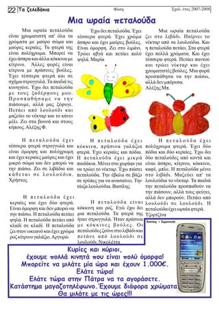 Μια ωραία πεταλούδα
είναι χρωματιστή απ' όλα τα
χρώματα με μαύρο σώμα και
μαύρες κεραίες. Τα φτερά της
είναι πολύχρωμα. Μπορεί να
έχει άσπρα και άλλα κόκκινα με
κίτρινο. Άλλες φορές είναι
κίτρινα με πράσινες βούλες.
Έχει τέσσερα φτερά και σε
σχήμα στρογγυλά.Τα παιδιά τις
κυνηγάνε. Έχω δει πεταλούδα
με τους ξαδέρφους μου.
Π ρ ο σ π α θ ή σ α μ ε ν α τ η ν
πιάσουμε, αλλά μας ξέφυγε.
Πετάει από λουλούδι και
μαζεύει το νέκταρ και το κάνει
μέλι. Ζει στα βουνά και στους
κήπους.ΑλέξηςΦ.
Μια ωραία πεταλούδα
ζει στο λιβάδι. Παίρνει το
νέκταρ από τα λουλούδια. Και
η πεταλούδα πετάει. Στα φτερά
έχει πολλά χρώματα. Και έχει
τέσσερα φτερά. Πετάει παντού
και τρώει νέκταρ και έχει
χρωματιστές βούλες. Μια φορά
προσπάθησα να την πιάσω,
αλλάδεν μπόρεσα.
ΑλέξηςΜπ.
Η π ε τ α λ ο ύ δ α έ χ ε ι
πολύχρωμα φτερά. Έχει δύο
πόδια και δύο κεραίες. Έχω δει
δύο πεταλούδες από κοντά και
είναι άσπρο, κίτρινο, κόκκινο,
καφέ, μπλε. Η πεταλούδα μένει
στο λιβάδι. Μαζεύει απ' τα
λουλούδια το νέκταρ. Τα παιδιά
την πεταλούδα προσπαθούν να
την πιάσουν, αλλά τους φεύγει,
αλλά δεν μπορούν. Πετάει από
λουλούδι σε λουλούδι. Η
πεταλούδαέχειωραία φτερά.
Τζορτζίνα
Έχω δει πεταλούδα. Έχει
τέσσερα φτερά. Έχει χρώμα
άσπρο και έχει μαύρες βούλες.
Είναι όμορφη. Ζει στο λιμάνι.
Τρώει αβγά και πετάει πολύ
ψηλά.Μαρία
Η π ε τ α λ ο ύ δ α έ χ ε ι
τέσσερα φτερά στρογγυλά και
είναι όμορφη και πολύχρωμη
και έχει κεραίες μαύρες και έχει
μικρό σώμα και δεν μπορώ να
την πιάσω. Ζει σε λιβάδια και
κ ά θ ε τ α ι σ ε λ ο υ λ ο ύ δ ι α .
Χρήστος
Η π ε τ α λ ο ύ δ α έ χ ε ι
κόκκινα, πράσινα γαλάζια
φτερά. Έχει κεραίες και πόδια.
Η πεταλούδα έχει μικρά
παιδάκια. Μένει στο χωράφι για
να τρώει το νέκταρ. Έχω πιάσει
πεταλούδα. Την έβαλα σε βάζο
σε τρύπες για να ανασαίνει. Την
τάιζαλουλούδια. Βασίλης
Η π ε τ α λ ο ύ δ α έ χ ε ι
κεραίες και έχει δύο φτερά.
Είναι όμορφη και δεν μπορώ να
την πιάσω. Η πεταλούδα πετάει
ψηλά. Η πεταλούδα πετάει από
κλαδί σε κλαδί. Η πεταλούδα
ζει στον ωκεανό και έχει χρώμα
ροζκίτρινογαλάζιο.Αργυρώ
Η π ε τ α λ ο ύ δ α ε ί ν α ι
κόκκινη και ροζ. Εγώ έχω δει
μια πεταλούδα. Τα φτερά της
ήταν στρογγυλά. Ήταν πράσινα
με κόκκινες βούλες. Οι
πεταλούδες ζούνε στο λιβάδι και
πετάνε από λουλούδι σε
λουλούδι. Νικολέττα
Μια ωραία πεταλούδα
Κυρίες και κύριοι,
έχουμε πολλά κινητά που είναι πολύ όμορφα!
Μπορείτε να μιλάτε μία ώρα και έχουν 1.000€.
Ελάτε τώρα!
Ελάτε τώρα στην Πάτρα να τα αγοράσετε.
Κατάστημα μαγαζοτηλέφωνο.Έχουμε διάφορα χρώματα.
Θα μιλάτε με τις ώρες!!!
Βασίλης + Εμμανουήλ
Σχολ. έτος 2007-2008
Τα ζελεδάκια
22 Φύση
 