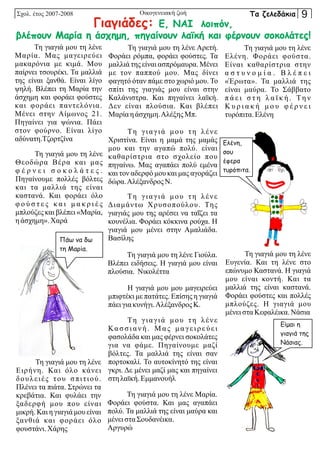 Τη γιαγιά μου τη λένε
Μαρία. Μας μαγειρεύει
μακαρόνια με κιμά. Μου
παίρνει τσουρέκι. Τα μαλλιά
της είναι ξανθά. Είναι λίγο
ψηλή. Βλέπει τη Μαρία την
άσχημη και φοράει φούστες
και φοράει παντελόνια.
Μένει στην Αίμωνος 21.
Πηγαίνει για ψώνια. Πάει
στον φούρνο. Είναι λίγο
αδύνατη.Τζορτζίνα
Τη γιαγιά μου τη λένε
Ελένη. Φοράει φούστα.
Είναι καθαρίστρια στην
α σ τ υ ν ο μ ί α . Β λ έ π ε ι
«Έρωτα». Τα μαλλιά της
είναι μαύρα. Το Σάββατο
π ά ε ι σ τ η λ α ϊ κ ή . Τη ν
Κ υ ρ ι α κ ή μ ο υ φ έ ρ ν ε ι
τυρόπιτα.Ελένη
Τη γιαγιά μου τη λένε Αρετή.
Φοράει ρόμπα, φοράει φούστες. Τα
μαλλιά της είναι ασπρόμαυρα. Μένει
με τον παππού μου. Μας δίνει
φαγητό όταν πάμε στο χωριό μου. Το
σπίτι της γιαγιάς μου είναι στην
Καλάνιστρα. Και πηγαίνει λαϊκή.
Δεν είναι πλούσια. Και βλέπει
Μαρία ηάσχημη.ΑλέξηςΜπ.
Τη γιαγιά μου τη λένε Μαρία.
Φοράει φούστα. Και μας αγαπάει
πολύ. Τα μαλλιά της είναι μαύρα και
μένει σταΣουδανέικα.
Αργυρώ
Τη γιαγιά μου τη λένε
Κασσιανή. Μας μαγειρεύει
φασολάδα και μας φέρνει σοκολάτες
για να φάμε. Πηγαίνουμε μαζί
βόλτες. Τα μαλλιά της είναι σαν
πορτοκαλί. Το αυτοκίνητό της είναι
γκρι. Δε μένει μαζί μας και πηγαίνει
στηλαϊκή.Εμμανουήλ
Τη γιαγιά μου τη λένε
Θεοδώρα Βέρα και μας
φ έ ρ ν ε ι σ ο κ ο λ ά τ ε ς .
Πηγαίνουμε πολλές βόλτες
και τα μαλλιά της είναι
καστανά. Και φοράει όλο
φ ο ύ σ τ ε ς κ α ι μ α κ ρ ι έ ς
μπλούζες και βλέπει «Μαρία,
ηάσχημη».Χαρά
Τη γιαγιά μου τη λένε
Διαμάντω Χρυσοπούλου. Της
γιαγιάς μου της αρέσει να ταΐζει τα
κουνέλια. Φοράει κόκκινα ρούχα. Η
γιαγιά μου μένει στην Αμαλιάδα.
Βασίλης
Τη γιαγιά μου τη λένε
Χριστίνα. Είναι η μαμά της μαμάς
μου και την αγαπώ πολύ. είναι
καθαρίστρια στο σχολείο που
πηγαίνω. Μας αγαπάει πολύ εμένα
και τον αδερφό μου και μας αγοράζει
δώρα.Αλέξανδρος Ν.
Τη γιαγιά μου τη λένε
Ειρήνη. Και όλο κάνει
δουλειές του σπιτιού.
Πλένει τα πιάτα. Στρώνει τα
κρεβάτια. Και φυλάει την
ξαδερφή μου που είναι
μικρή. Και η γιαγιά μου είναι
ξανθιά και φοράει όλο
φουστάνι. Χάρης
Τη γιαγιά μου τη λένε
Ευγενία. Και τη λένε στο
επώνυμο Καστανά. Η γιαγιά
μου είναι κοντή. Και τα
μαλλιά της είναι καστανά.
Φοράει φούστες και πολλές
μπλούζες. Η γιαγιά μου
μένει σταΚεφαλέικα.Νάσια
Τη γιαγιά μου τη λένε Γιούλα.
Βλέπει ειδήσεις. Η γιαγιά μου είναι
πλούσια. Νικολέττα
Η γιαγιά μου μου μαγειρεύει
μπιφτέκι με πατάτες. Επίσης η γιαγιά
πάειγιακυνήγι.Αλέξανδρος Κ.
Σχολ. έτος 2007-2008 Οικογενειακή ζωή
Γιαγιάδες: Ε, ΝΑΙ λοιπόν,
βλέπουν Μαρία η άσχημη, πηγαίνουν λαϊκή και φέρνουν σοκολάτες!
Πάω να δω
τη Μαρία.
Ελένη,
σου
έφερα
τυρόπιτα.
Είμαι η
γιαγιά της
Νάσιας.
Τα ζελεδάκια 9
 
