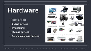 1 0 1 1 0 1 1 0 1 1 0 1 1 0 0 1 1 0 1 1 0 1 1 0 1 1 0 1 1 1 0 1 1 0 1 1 0 1 1 1 1 1 0 1
Hardware
• Input devices
• Output devices
• System unit
• Storage devices
• Communications devices
 