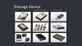 Storage Device
Hard Disk Drive (HDD) USB Flashdrive
CD-ROM / DVDROm
 