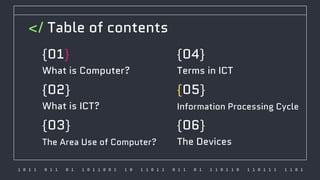 1 0 1 1 0 1 1 0 1 1 0 1 1 0 0 1 1 0 1 1 0 1 1 0 1 1 0 1 1 1 0 1 1 0 1 1 0 1 1 1 1 1 0 1
What is Computer?
{01}
What is ICT?
{02}
The Area Use of Computer?
{03}
{04}
Terms in ICT
</ Table of contents
Information Processing Cycle
{05}
{06}
The Devices
 