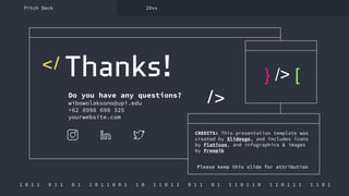 CREDITS: This presentation template was
created by Slidesgo, and includes icons
by Flaticon, and infographics & images
by Freepik
1 0 1 1 0 1 1 0 1 1 0 1 1 0 0 1 1 0 1 1 0 1 1 0 1 1 0 1 1 1 0 1 1 0 1 1 0 1 1 1 1 1 0 1
} /> [
Pitch Deck 20xx
Thanks!
Do you have any questions?
wibowolaksono@upi.edu
+62 8998 698 325
yourwebsite.com
Please keep this slide for attribution
</
/>
 