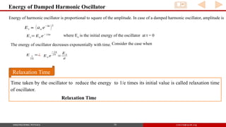 Energy of Damped Harmonic Oscillator
16
Energy of harmonic oscillator is proportional to square of the amplitude. In case of a damped harmonic oscillator, amplitude is
where Eo is the initial energy of the oscillator at t = 0
The energy of oscillator decreases exponentially with time. Consider the case when
Eo e
−2 k
2 k
=
Eo
e
Et= Eo e− 2 kt
Et ∝(ao e
−kt
)
2
Time taken by the oscillator to reduce the energy to 1/e times its initial value is called relaxation time
of oscillator.
Relaxation Time
Relaxation Time
E 1
2 k
=¿
 