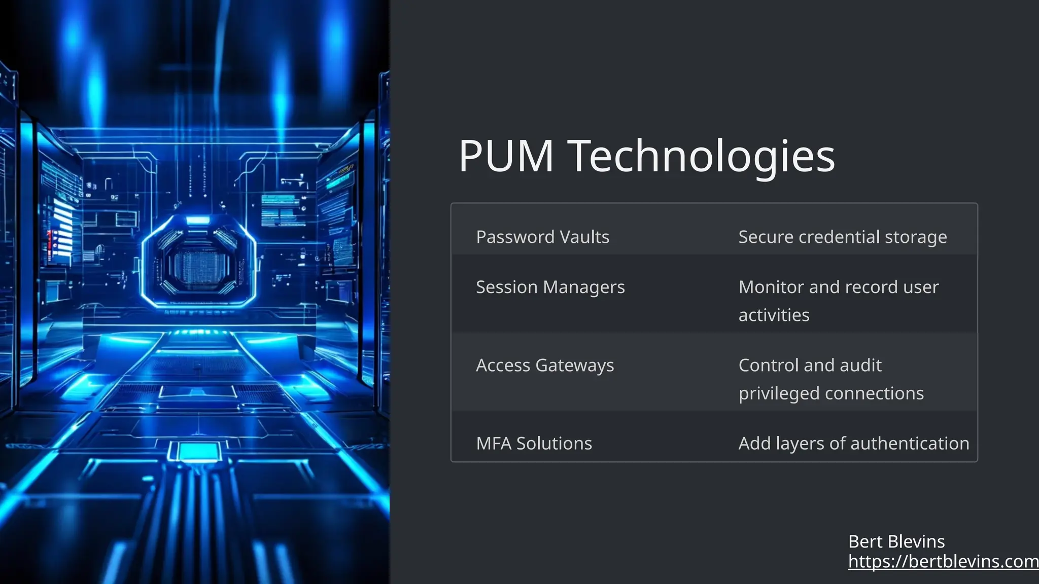 PUM Technologies
Password Vaults Secure credential storage
Session Managers Monitor and record user
activities
Access Gateways Control and audit
privileged connections
MFA Solutions Add layers of authentication
https://bertblevins.com
Bert Blevins
 