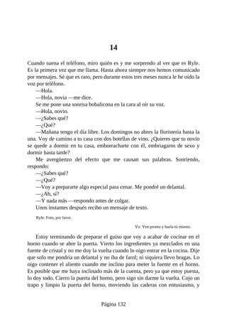 14
Cuando suena el teléfono, miro quién es y me sorprendo al ver que es Ryle.
Es la primera vez que me llama. Hasta ahora siempre nos hemos comunicado
por mensajes. Sé que es raro, pero durante estos tres meses nunca le he oído la
voz por teléfono.
—Hola.
—Hola, novia —me dice.
Se me pone una sonrisa bobalicona en la cara al oír su voz.
—Hola, novio.
—¿Sabes qué?
—¿Qué?
—Mañana tengo el día libre. Los domingos no abres la floristería hasta la
una. Voy de camino a tu casa con dos botellas de vino. ¿Quieres que tu novio
se quede a dormir en tu casa, emborracharte con él, embriagaros de sexo y
dormir hasta tarde?
Me avergüenzo del efecto que me causan sus palabras. Sonriendo,
respondo:
—¿Sabes qué?
—¿Qué?
—Voy a prepararte algo especial para cenar. Me pondré un delantal.
—¿Ah, sí?
—Y nada más —respondo antes de colgar.
Unos instantes después recibo un mensaje de texto.
Ryle: Foto, por favor.
Yo: Ven pronto y hazla tú mismo.
Estoy terminando de preparar el guiso que voy a acabar de cocinar en el
horno cuando se abre la puerta. Vierto los ingredientes ya mezclados en una
fuente de cristal y no me doy la vuelta cuando lo oigo entrar en la cocina. Dije
que solo me pondría un delantal y no iba de farol; ni siquiera llevo bragas. Lo
oigo contener el aliento cuando me inclino para meter la fuente en el horno.
Es posible que me haya inclinado más de la cuenta, pero ya que estoy puesta,
lo doy todo. Cierro la puerta del horno, pero sigo sin darme la vuelta. Cojo un
trapo y limpio la puerta del horno, moviendo las caderas con entusiasmo, y
Página 132
 
