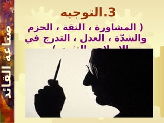 3
‫التوجيه‬.
‫الحزم‬ ، ‫الثقة‬ ، ‫المشاورة‬ (
‫في‬ ‫التدرج‬ ، ‫العدل‬ ، ‫ة‬ّ‫د‬‫والش‬
) ‫التثبت‬ ، ‫اإلصالح‬
 