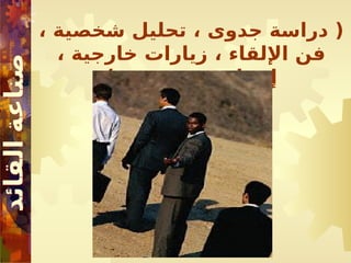 ، ‫شخصية‬ ‫تحليل‬ ، ‫جدوى‬ ‫دراسة‬ (
، ‫خارجية‬ ‫زيارات‬ ، ‫اإللقاء‬ ‫فن‬
) ... ‫مشروع‬ ‫إنشاء‬
 