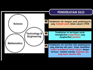 PENDEKATAN SILO
Pendekatan silo mengacu pada pembelajaran
yang terpisah-pisah dalam subyek STEM
Pendekatan ini bertujuan untuk
meningkatkan pengetahuan yang
menghasilkan penilaian
Pendekatan silo dicirikan oleh pembelajaran
yang didorong oleh guru. Siswa disediakan
sedikit kesempatan untuk belajar dengan
berbuat, malahan mereka diajarkan apa
yang harus mereka tahu
 