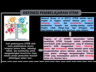 DEFINISI PEMBELAJARAN STEM
Menurut Brown et al (2011) STEM adalah meta-
disiplin di tingkat sekolah dimana guru sains,
teknologi, teknik, dan matematika mengajar
pendekatan terpadu dan masing-masing materi
disiplin tidak dibagi-bagi tapi ditangani dan
diperlakukan sebagai satu kesatuan yang dinamis.
Tsupros et al (2009) menyatakan bahwa
pendidikan STEM terpadu adalah pendekatan
interdisiplin pada pembelajaran, yang di dalamnya
peserta didik menggunakan sains, teknologi,
teknik, dan matematika dalam konteks nyata yang
mengkoneksikan antara sekolah, dunia kerja, dan
dunia global, sehingga mengembangkan literasi
STEM yang memampukan peserta didik bersaing
dalam era ekonomi baru
Jadi pembelajaran STEM ialah
suatu pembelajaran secara
integrasi antara sains, teknologi,
teknik, dan matematika untuk
mengembangkan kreativitas siswa
melalui proses pemecahan masalah
dikehidupan sehari-hari.
 