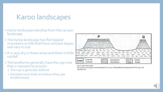 Karoo landscapes
• Karoo landscapes develop from the canyon
landscape
• The Karoo landscape has flat topped
mountains or hills that have concave slopes
and vary in size
• It is very dry in these areas and there is little
rainfall
• The landforms generally have the cap rock
that is resistant to erosion
• The cap is generally dolerite
• Sandston and shale are below (they get
eroded away)
Source: https://encrypted-
tbn0.gstatic.com/images?q=tbn%3AANd9GcTU1Lrntp0_PDKMjJtB69GTb16UqGspQFV9YPbYF1shjKv_Mt
c3&usqp=CAU
 