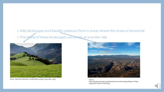 • Hilly landscapes and basaltic plateaus form in areas where the strata is horizontal
• The strata of these landscapes can erode at a similar rate
Source: https://live.staticflickr.com/8475/8125216936_537ce01a61_b.jpg Source:
https://upload.wikimedia.org/wikipedia/commons/thumb/5/5c/Pajarito_Platea
u.jpg/350px-Pajarito_Plateau.jpg
 