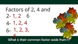 Factors of 2, 4 and
6
2-
4-
6-
1, 2
1, 2, 4
1, 2, 3,
6
What is their common factor aside from 1?
 