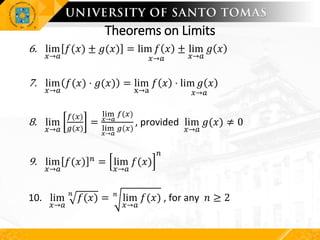 Theorems on Limits
6. lim
𝑥→𝑎
𝑓(𝑥) ± 𝑔(𝑥) = lim 𝑓 𝑥
𝑥→𝑎
± lim
𝑥→𝑎
𝑔 𝑥
7. lim
𝑥→𝑎
𝑓(𝑥) ⋅ 𝑔(𝑥) = lim
x→a
𝑓 𝑥 ⋅ lim 𝑔 𝑥
𝑥→𝑎
8. lim
𝑥→𝑎
𝑓(𝑥)
𝑔(𝑥)
=
lim
𝑥→𝑎
𝑓(𝑥)
lim
𝑥→𝑎
𝑔(𝑥)
, provided lim
𝑥→𝑎
𝑔(𝑥) ≠ 0
9. lim
𝑥→𝑎
𝑓(𝑥) 𝑛 = lim
𝑥→𝑎
𝑓(𝑥)
𝑛
10. lim
𝑥→𝑎
𝑛
𝑓(𝑥) = 𝑛
lim
𝑥→𝑎
𝑓(𝑥) , for any 𝑛 ≥ 2
 