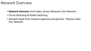 Network Overview
• Network elements: End nodes, Access Network, Core Network
• Circuit Switching & Packet Switching
• Network Stack from network engineers perspective: Physical, Data
link, Network
 