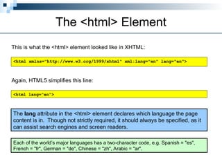 The <html> Element
This is what the <html> element looked like in XHTML:
<html xmlns="http://www.w3.org/1999/xhtml" xml:lang="en" lang="en">
Again, HTML5 simplifies this line:
<html lang="en">
Each of the world’s major languages has a two-character code, e.g. Spanish = "es",
French = "fr", German = "de", Chinese = "zh", Arabic = "ar".
The lang attribute in the <html> element declares which language the page
content is in. Though not strictly required, it should always be specified, as it
can assist search engines and screen readers.
 