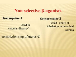 Non selective β-agonists
1
-
Isoxsuprine 2
-
Oriciprenaline
Used in
1
-
vascular disease
2
-
constriction ring of uterus
.
Used orally or
inhalation in bronchial
asthma
 