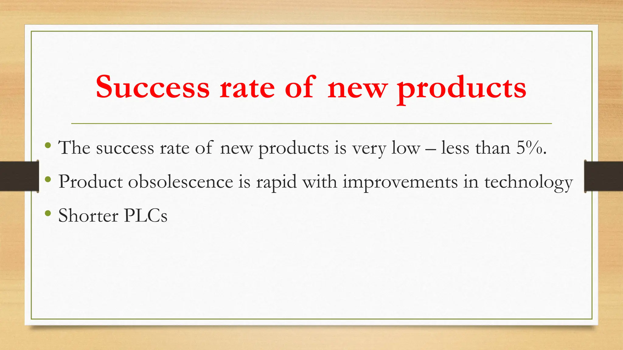 Success rate of new products
• The success rate of new products is very low – less than 5%.
• Product obsolescence is rapid with improvements in technology
• Shorter PLCs
 