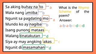 Sa aking buhay na ‘to
Wala nang umiiba
Ngunit sa pagdating mo
Mundo ko ay nagiba
Isang punong mataas
Walang tinatakutan
Siya ay may angking lakas
Ngunit di masamahan
a
a
b
b
c
c
d
d
What is the Rhyme
Scheme of the
poem?
a-b-a-b-c-d-c-d
Answer:
 