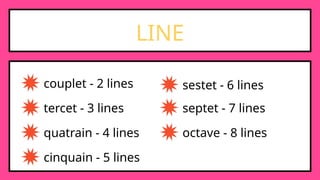 LINE
couplet - 2 lines
tercet - 3 lines
quatrain - 4 lines
cinquain - 5 lines
sestet - 6 lines
septet - 7 lines
octave - 8 lines
 