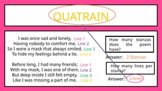 QUATRAIN
I was once sad and lonely,
Having nobody to comfort me,
So I wore a mask that always smiled,
To hide my feelings behind a lie.
Before long, I had many friends;
With my mask, I was one of them.
But deep inside I still felt empty,
Like I was missing a part of me.
How many lines per
stanza?
4 lines
Line 1
Line 2
Line 3
Line 4
Line 1
Line 2
Line 3
Line 4
How many stanzas
does the poem
have?
Answer: 2 Stanzas
Answer:
 