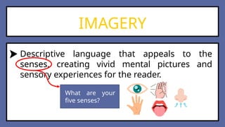IMAGERY
Descriptive language that appeals to the
senses, creating vivid mental pictures and
sensory experiences for the reader.
What are your
five senses?
 