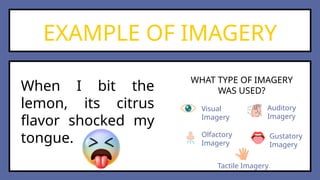 EXAMPLE OF IMAGERY
When I bit the
lemon, its citrus
flavor shocked my
tongue.
Visual
Imagery
Auditory
Imagery
Olfactory
Imagery
Gustatory
Imagery
Tactile Imagery
WHAT TYPE OF IMAGERY
WAS USED?
 