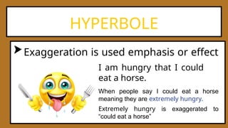 HYPERBOLE
Exaggeration is used emphasis or effect
I am hungry that I could
eat a horse.
When people say I could eat a horse
meaning they are extremely hungry.
Extremely hungry is exaggerated to
“could eat a horse”
 