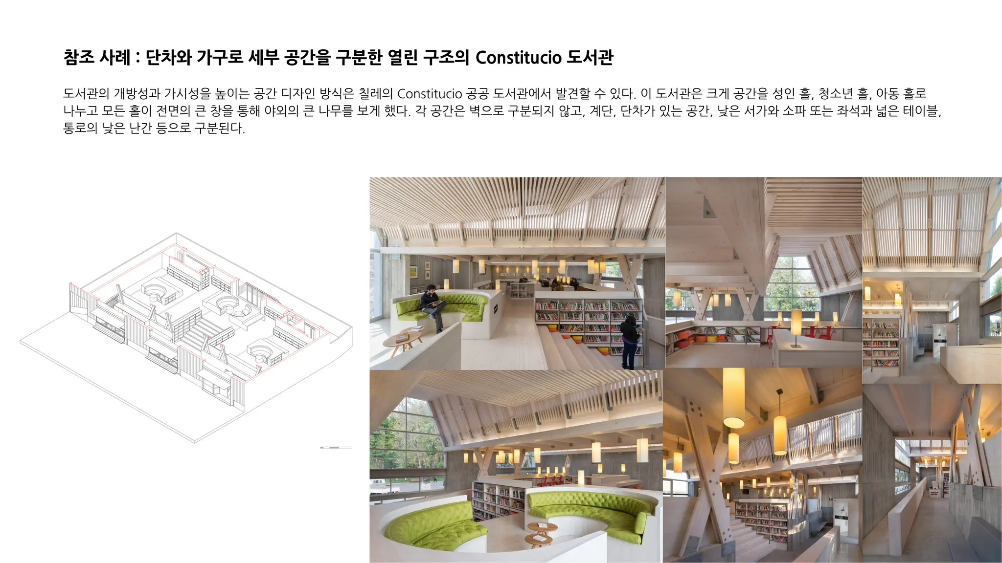 도서관의 개방성과 가시성을 높이는 공간 디자인 방식은 칠레의 Constitucio 공공 도서관에서 발견할 수 있다. 이 도서관은 크게 공간을 성인 홀, 청소년 홀, 아동 홀로
나누고 모든 홀이 전면의 큰 창을 통해 야외의 큰 나무를 보게 했다. 각 공간은 벽으로 구분되지 않고, 계단, 단차가 있는 공간, 낮은 서가와 소파 또는 좌석과 넓은 테이블,
통로의 낮은 난간 등으로 구분된다.
참조 사례 : 단차와 가구로 세부 공간을 구분한 열린 구조의 Constitucio 도서관
 