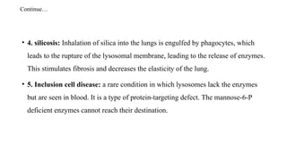 • 4. silicosis: Inhalation of silica into the lungs is engulfed by phagocytes, which
leads to the rupture of the lysosomal membrane, leading to the release of enzymes.
This stimulates fibrosis and decreases the elasticity of the lung.
• 5. Inclusion cell disease: a rare condition in which lysosomes lack the enzymes
but are seen in blood. It is a type of protein-targeting defect. The mannose-6-P
deficient enzymes cannot reach their destination.
Continue…
 