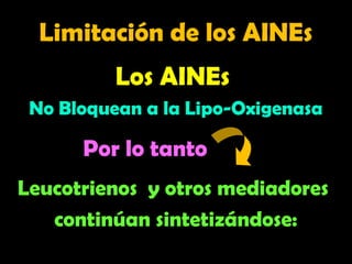 Limitación de los AINEs
Limitación de los AINEs
Los AINEs
No Bloquean a la Lipo-Oxigenasa
Leucotrienos y otros mediadores
continúan sintetizándose:
Por lo tanto
 