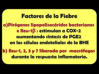 Factores de la Fiebre
a)Pirógenos lipopolisacáridos bacterianos
e Ileu-1 :
β estimulan a COX-2
aumentando síntesis de PGE2
en las células endoteliales de la BHE
b) Ileu-1, 2, 3 y 7 liberada por macrófagos
durante la respuesta inflamatoria.
 