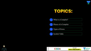 What is a Compiler?
1
Phases of a Compiler
2
Types of Errors
3
Symbol Table
4
TOPICS:
 