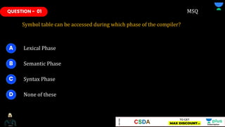 QUESTION - 01
Symbol table can be accessed during which phase of the compiler?
MSQ
Lexical Phase
A
Semantic Phase
B
Syntax Phase
C
None of these
D
 