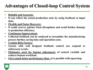 Advantages of Closed-loop Control System
24
• Reliable and Accurate:
• It can reflect the actual production state by using feedback as input
data.
• Flexible and Faster Recovery:
• It could recover quicker from disruptions and avoid further damage
to production efficiency.
• Continuous Improvement:
• Collected feedback can be analyzed to streamline the manufacturing
process further, saving time and operation costs.
• Combat Risk Factors:
• System with well designed feedback control can respond to
unforeseen events.
• Eliminates need for human adjustment: of control variable and
reduces human workload.
• Gives much better performance than : it is possible with open-loop.
 