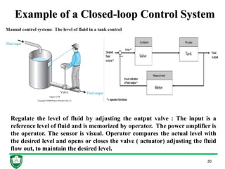 Example of a Closed-loop Control System
30
Regulate the level of fluid by adjusting the output valve : The input is a
reference level of fluid and is memorized by operator. The power amplifier is
the operator. The sensor is visual. Operator compares the actual level with
the desired level and opens or closes the valve ( actuator) adjusting the fluid
flow out, to maintain the desired level.
.
 