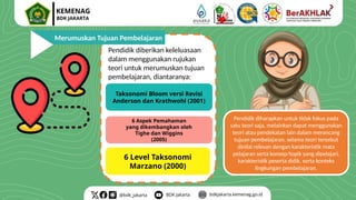 Pendidik diberikan keleluasaan
dalam menggunakan rujukan
teori untuk merumuskan tujuan
pembelajaran, diantaranya:
Taksonomi Bloom versi Revisi
Anderson dan Krathwohl (2001)
6 Aspek Pemahaman
yang dikembangkan oleh
Tighe dan Wiggins
(2005)
6 Level Taksonomi
Marzano (2000)
Merumuskan Tujuan Pembelajaran
Pendidik diharapkan untuk tidak fokus pada
satu teori saja, melainkan dapat menggunakan
teori atau pendekatan lain dalam merancang
tujuan pembelajaran, selama teori tersebut
dinilai relevan dengan karakteristik mata
pelajaran serta konsep/topik yang dipelajari,
karakteristik peserta didik, serta konteks
lingkungan pembelajaran.
 