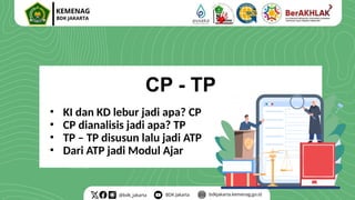 CP - TP
• KI dan KD lebur jadi apa? CP
• CP dianalisis jadi apa? TP
• TP – TP disusun lalu jadi ATP
• Dari ATP jadi Modul Ajar
 