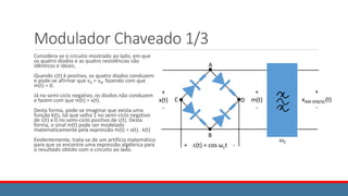 Modulador Chaveado 1/3
Considera-se o circuito mostrado ao lado, em que
os quatro diodos e as quatro resistências são
idênticos e ideais.
Quando c(t) é positivo, os quatro diodos conduzem
e pode-se afirmar que vA = vB, fazendo com que
m(t) = 0.
Já no semi-ciclo negativo, os diodos não conduzem
e fazem com que m(t) = x(t).
Desta forma, pode-se imaginar que exista uma
função k(t), tal que valha 1 no semi-ciclo negativo
de c(t) e 0 no semi-ciclo positivo de c(t). Desta
forma, o sinal m(t) pode ser modelado
matematicamente pela expressão m(t) = x(t) . k(t)
Evidentemente, trata-se de um artifício matemático
para que se encontre uma expressão algébrica para
o resultado obtido com o circuito ao lado.
𝜔𝑐
+
x(t)
-
+
m(t)
-
+ c(t) = cos ωct -
A
B
C D
+
xAM-DSB/SC(t)
-
 