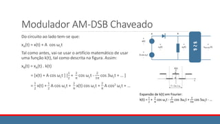 Modulador AM-DSB Chaveado
Do circuito ao lado tem-se que:
xA(t) = x(t) + A cos ωct
Tal como antes, vai-se usar o artifício matemático de usar
uma função k(t), tal como descrita na figura. Assim:
xB(t) = xA(t) . k(t)
= [x(t) + A cos ωct ] [
1
2
+
2
π
cos ωct -
2
3π
cos 3ωct + … ]
=
1
2
x(t) +
1
2
A cos ωct +
2
π
x(t) cos ωct +
2
π
A cos2 ωct + …
Expansão de k(t) em Fourier:
k(t) =
1
2
+
2
π
cos ωct -
2
3π
cos 3ωct +
2
5π
cos 5ωct - …
 