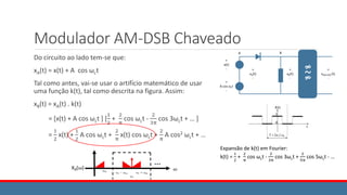Modulador AM-DSB Chaveado
Do circuito ao lado tem-se que:
xA(t) = x(t) + A cos ωct
Tal como antes, vai-se usar o artifício matemático de usar
uma função k(t), tal como descrita na figura. Assim:
xB(t) = xA(t) . k(t)
= [x(t) + A cos ωct ] [
1
2
+
2
π
cos ωct -
2
3π
cos 3ωct + … ]
=
1
2
x(t) +
1
2
A cos ωct +
2
π
x(t) cos ωct +
2
π
A cos2 ωct + …
Expansão de k(t) em Fourier:
k(t) =
1
2
+
2
π
cos ωct -
2
3π
cos 3ωct +
2
5π
cos 5ωct - …
 