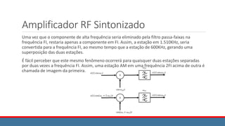 Amplificador RF Sintonizado
Uma vez que o componente de alta frequência seria eliminado pela filtro passa-faixas na
frequência FI, restaria apenas a componente em FI. Assim, a estação em 1.510KHz, seria
convertida para a frequência FI, ao mesmo tempo que a estação de 600KHz, gerando uma
superposição das duas estações.
É fácil perceber que este mesmo fenômeno ocorrerá para quaisquer duas estações separadas
por duas vezes a frequência FI. Assim, uma estação AM em uma frequência 2FI acima de outra é
chamada de imagem da primeira.
 