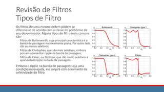 Revisão de Filtros
Tipos de Filtro
Os filtros de uma mesma ordem podem se
diferenciar de acordo com a classe do polinômio de
seu denominador. Alguns tipos de filtro mais comuns
são:
◦ Filtros de Butterworth, cuja principal característica é a
banda de passagem maximamente plana. Por outro lado
são os menos seletivos;
◦ Filtros de Chebyshev, que são mais seletivos, embora
possam apresentar ripple na banda de passagem;
◦ Filtros de Cauer, ou Elípticos, que são muito seletivos e
apresentam ripple na bada de passagem.
Embora o ripple na banda de passagem seja uma
condição indesejada, ele surgirá com o aumento da
seletividade do filtro
 