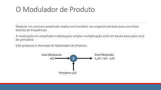 O Modulador de Produto
Modular um sinal em amplitude implica em transferir seu espectro da base para uma faixa
distinta de frequências
A modulação em amplitude é obtida pela simples multiplicação sinal em banda base pelo sinal
de portadora
Este processo é chamado de Modulador de Produto:
X
Sinal Modulante
x(t)
Sinal Modulado
xm(t) = x(t) . xc(t)
Portadora xc(t)
 