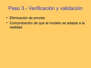 Paso 3.- Verificación y validación
• Eliminación de errores
• Comprobación de que el modelo se adapta a la
realidad
 