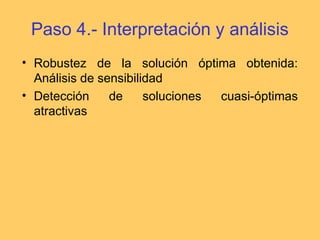 Paso 4.- Interpretación y análisis
• Robustez de la solución óptima obtenida:
Análisis de sensibilidad
• Detección de soluciones cuasi-óptimas
atractivas
 