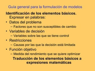 Guía general para la formulación de modelos
Identificación de los elementos básicos.
Expresar en palabras:
• Datos del problema
– Factores que no son susceptibles de cambio
• Variables de decisión
– Variables sobre las que se tiene control
• Restricciones
– Causas por las que la decisión está limitada
• Función objetivo
– Medida del rendimiento que se quiere optimizar
Traducción de los elementos básicos a
expresiones matemáticas
 